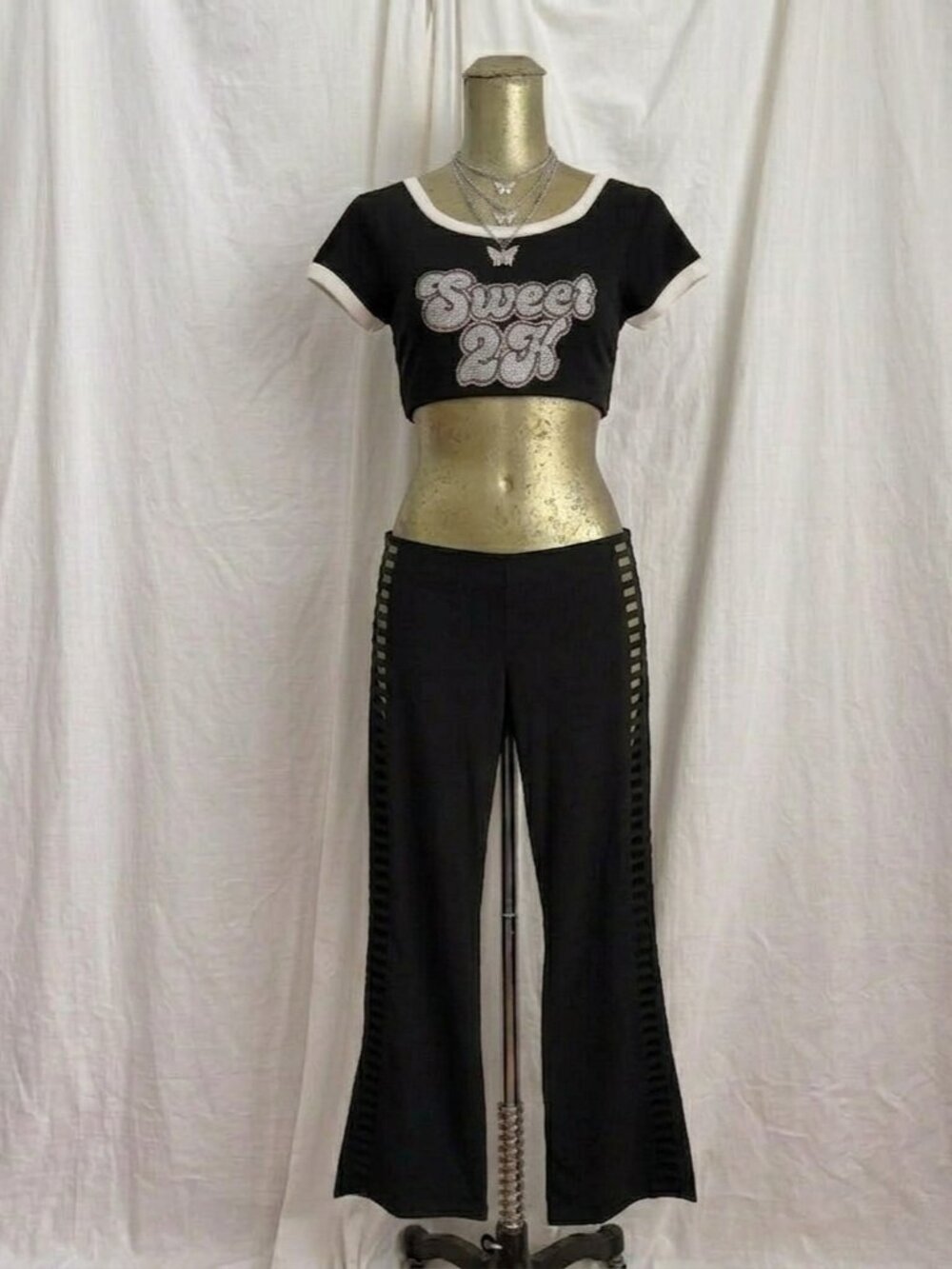 Vintage Y2K Black Cutout Bootcut Pants Grid Unique Rare Funhouse Size XS